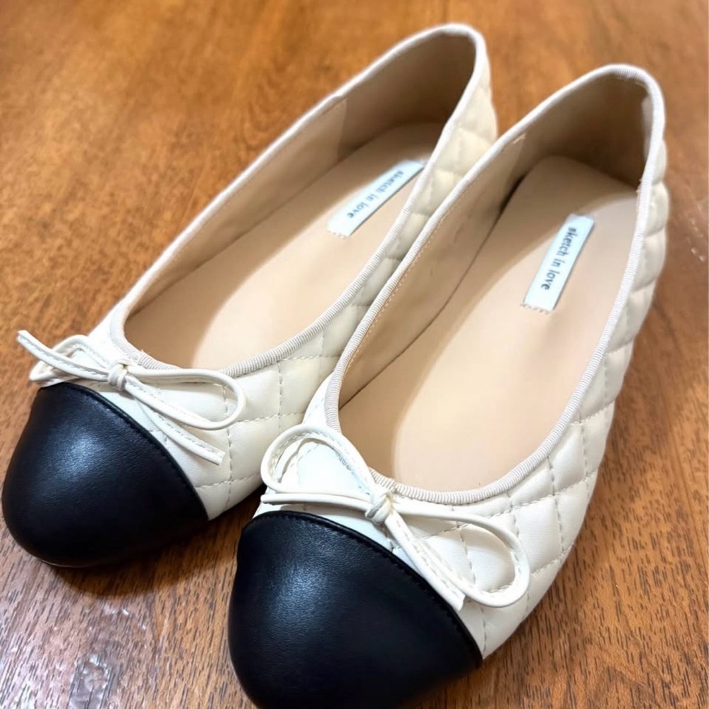Handmde Cream and Black Quilted Ballet Flats